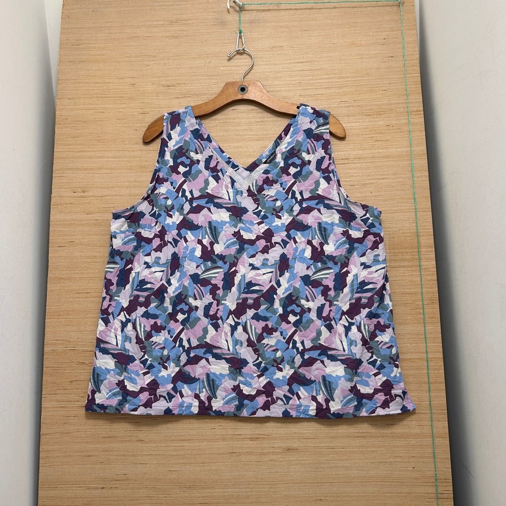 Eddie Bauer Womens XL V-Neck Tank Top Purple Blue Abstract Floral Leaf Print